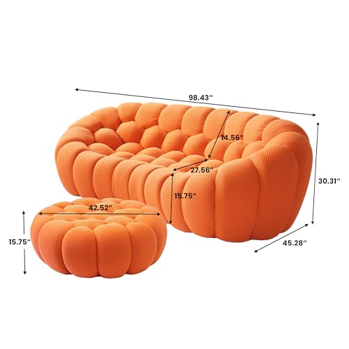 Sdorens Bubble Couch with Ottoman, Modern 3-Seater Round Floor Couch, 3D Honeycomb Shape Bubble Sofa Curved Sofas for Living Room, Circle Boneless Couches, No-Assembly (Orange, 98.43+41")