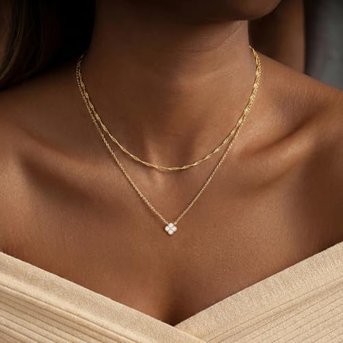 Mothers Day Gifts for Mom Dainty Gold Necklaces for Women Trendy Non Tarnish 14K Gold Plated Cubic Zirconia Necklace Layered Simple Cute Four Leaf Clover Choker Jewelry Birthday Gifts (Layered CZ, Gold) by Patwes - Used condition - Image 3
