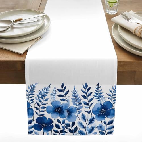 Table Runner Ombre Blue Flowers Leaf Table Runners for Kitchen