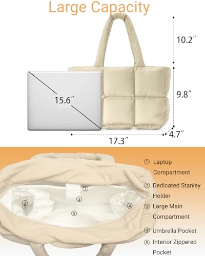 Image of Herald Puffer Tote Bag for Women, Large Quilted Puffy Handbag Lightweight Satchel Purse with Cup Holder & Compartment