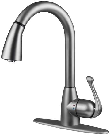 8174, Pull Down Kitchen Faucet, 1 or 3 Hole Installation, High 15 INCH-Arc Spout, 1 Handle, 2 Spray Settings, Advanced Polymer Materials, Lead-Free, Non Corrosive, Brushed Nickel Finish