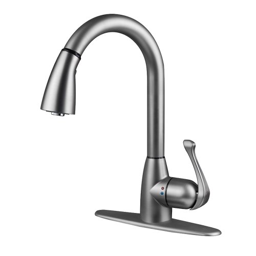 8174, Pull Down Kitchen Faucet, 1 or 3 Hole Installation, High 15 INCH-Arc Spout, 1 Handle, 2 Spray Settings, Advanced Polymer Materials, Lead-Free, Non Corrosive, Brushed Nickel Finish