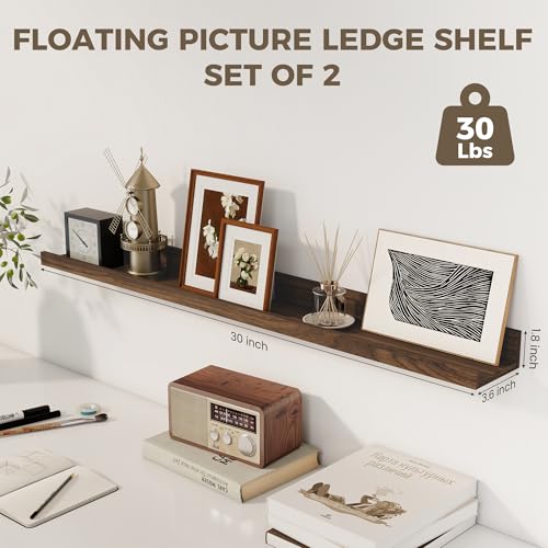 Axeman 30 Inch Floating Shelves | Picture Ledge Shelf Set of 2 | Walnut Wall Shelves with Lip | Walnut Picture Shelf for Wall with Ledge | Photo Ledges 30 Inch