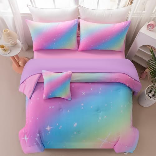 Image of 6Pcs Glitter Rainbow Kids Bed in A Bag Full Size Pink Teal Ombre Girls Bedding Comforter Set with Sheets Tie Dye Galaxy Gradient Bed Set (Pink Rainbow, Full)