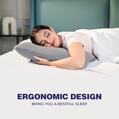 Image of WELLGIVER Ergonomic Memory Foam Pillow for Neck Pain | 2 Years Warranty | 21 x 14 x 4.5 Inch | Orthopedic Pillow for Side Sleeping | Removable Washable Jacquard Midnight Blue Cover | Pack of 2