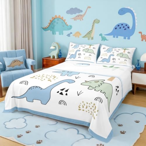 Castle Fairy Cute Dinosaur Bed Sheet Set Twin Size,Cartoon Animal World Dino Sheet Set Kids Teens,Kids Watercolor Hand Painting Print Bedding Decor Set with 1 Flat & 1 Fitted Sheet with 1 Pillow Sham