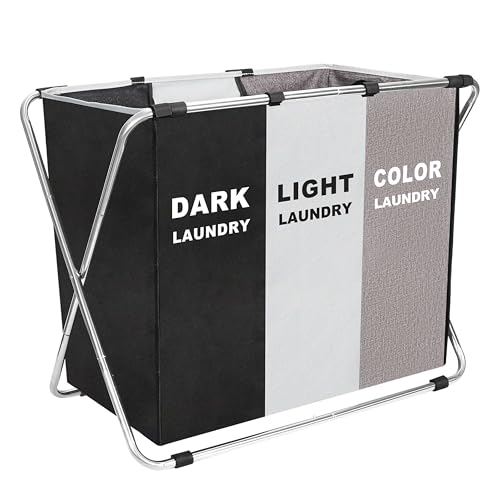 150L Laundry Cloth Hamper Sorter Basket Bin Foldable 3 Sections with stainless steel Frame Washing Storage Dirty Clothes Bag for Bathroom Bedroom Home Storage Basket (Black+Gray+Coffee)