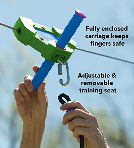 Hearthsong 100-Foot Green Galvanized Steel Backyard Zipline Kit, Adjustable/Removable Seat, Rubber Brake For Safety, Non-Slip Handles, Fully Enclosed Carriage, 250 Lbs., Ages 8 And Up #TOP3