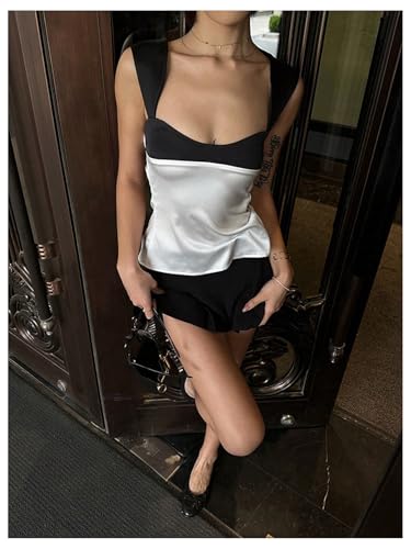 SOLY HUX Women's Satin Tank Top Color Block Scoop Neck Sleeveless Tie Back Summer Tops4