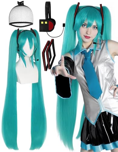 TIKJOYS Wig Cap + 4Pcs Long Green Cosplay Wig with