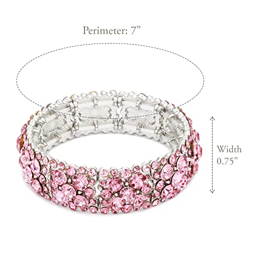 Lavencious Round Shape Rhinestones Elastic Stretch Bracelet Party Jewelry For Women 7"(Silver Pink) #TOP1