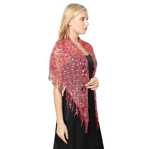 Women's Glittering Triangle Scarf Mesh Sequin Wedding Cape Fringed Evening Shawl Wrap4