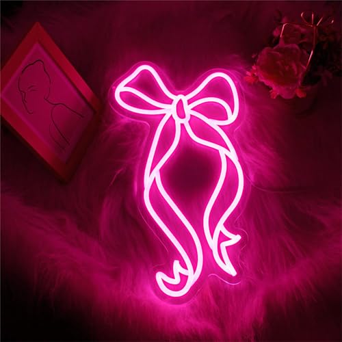 Image of Bow Neon Sign - JGHTURIE Neon Signs for Wall Decor, Pink Bow Ribbon Light up Signs for Room, Bar, Party, Home Decor, Led Sign - USB Powered