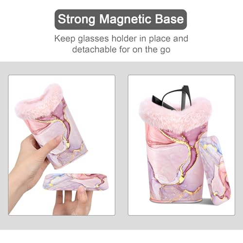 Image of Eyeglasses Holder, Plush Lined PU Leather Pattern Stand Case with Magnetic Base, Unisex for Women Men, Pink Marble