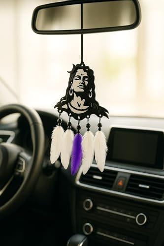 Image of Handmade Dream Catcher Car Ornament - Stylish Rear View Mirror Hanging Accessory - Elegant Car Interior Decoration - Good Luck & Positive Energy Charm (1, Har Har Mahadev)