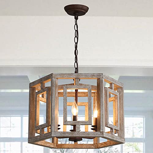 Farmhouse Chandelier Light Fixture, 6-Light Rustic Wood Pendant Chandeliers Lighting Fixtures, Vintage Adjustable Cage Hanging Lamp For Dining Room Kitchen Entryway #TOP1