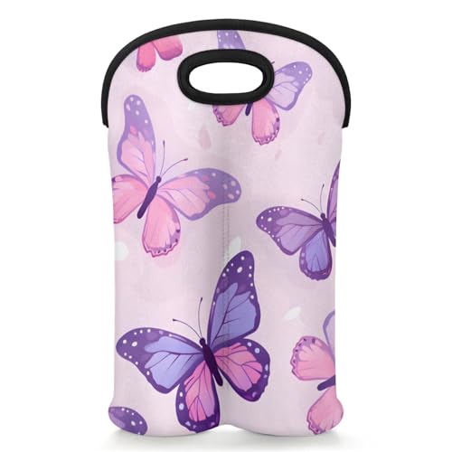 GzLeyigou 2 Bottles Butterfly Wine Bag Sleeve Totes Purple Neoprene Protective Wine Carrier Bag for Wine,Water, Champagne, Beer, Baby Bottles,Gift 14.5 x 10 Inches