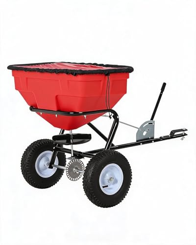 Tow Behind Broadcast Spreader 125 LBS Large Capacity Universal Hook Tow & Push Lawn Spreader 9.8 ft Spreading Width 30 Adjustable Settings Compatible with UTV ATV Riding Mower & Most Tractors