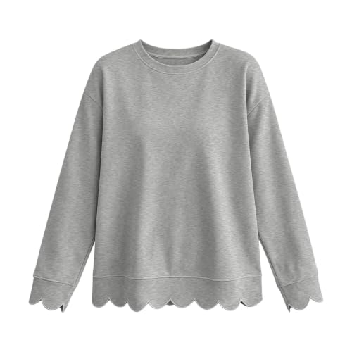 PXQIRMR Long Sleeve Tops for Women Crew Neck Scalloped Hem Pullover Gray - image 5