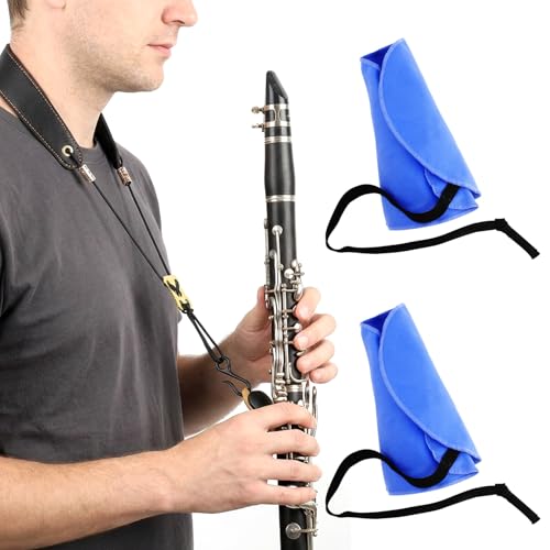 2 Pcs Clarinet Cleaning Cloth with Clarinet Neck Strap, A-shaped Design Cleaning Swab & Adjustable Support Strap for Bb/A Clarinets, Blue Cloth Black Strap