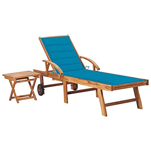 SKM Tumbona con Mesa y cojín Madera Maciza de Teca,Mobiliario,Muebles de jardín,Asientos de Exterior,Tumbonas,Azul,22.86 kg,3063025
