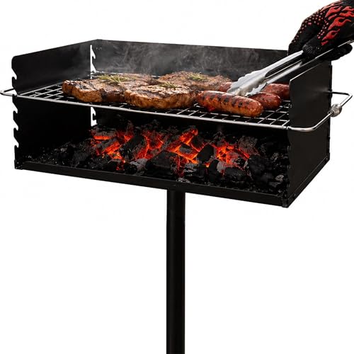 Charcoal Grill Park Style Charcoal Grill 30 x 17 Heavy Duty BBQ Grill Charcoal Adjustable Single Post Barbeque Grill for Camping Outdoor Cooking Backyard Patio Camp Grilling Barbecues Cookout