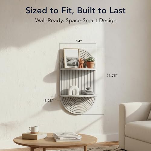 Image of American Art Decor Grey Boho Arched Modular Carved Wall Shelf, Wooden 2-Tier Floating Bookshelf for Wall, Fluted Arch Display Shelf for Bedroom Bathroom Kitchen Living Room Decor, 14 inch x 24 inch