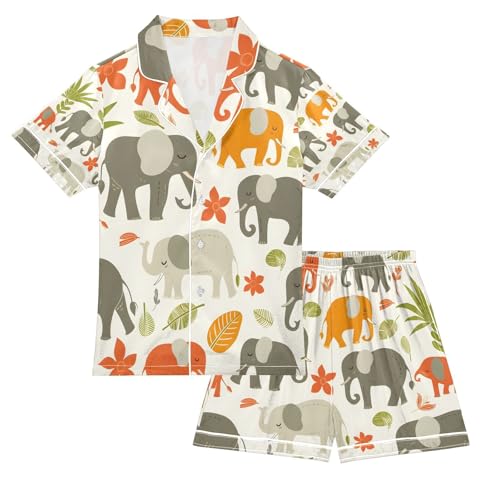 senya Tropical Elephants A Satin Summer Pajama Sets Silk Short Sleeve Button Down Sleepwear