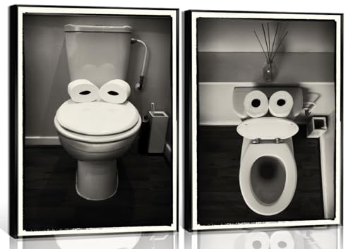 WYHLMTQ 2Pcs Funny Bathroom Canvas Wall Art Black and White Posters Toilet Photos Humour Prints Paintings Maximalist Mid Century Modern Aesthetic Wall Decor for 12inx16in Unframed