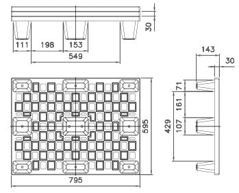 Confezione da 3 bancali in plastica 80x60xh14cm con 9 piedi, leggero e resitente