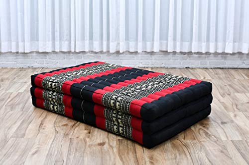 Image of Leewadee Trifold Mattress XL - Comfortable Thai Massage Pad, Foldable Relaxation Floor Mattress Filled with Kapok, Perfect to Use as a Sleeping Mat 79 x 39 inches, Black Red