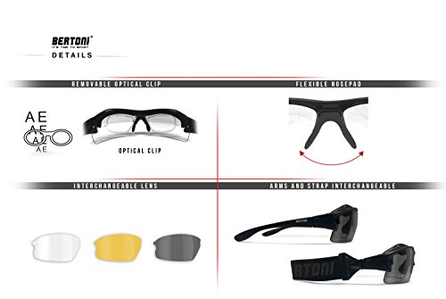 Bertoni Prescription Sport Sunglasses Goggles – 3 Interchangeable Antifog Lenses - Sport Glasses With Optical Clip For Pescription Lenses - Interchangeable Arms/Strap –Af399 Mat Black By Bertoni Italy #TOP4