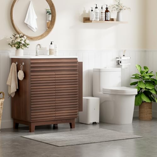 Vabches 29\" Bathroom Vanity with Sink, Mid-Century Bathroom Vanity Cabinet with 3 Open Side Storage Shelves and 1 Drawer, Free Standing Small Bathroom Sink Cabinet Combo Set, Walnut