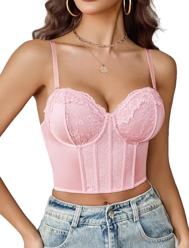 Avidlove Lace Bustier Tops for Women Sexy V Neck Corset Top with Underwired Adjustable Y2K Crop Pink