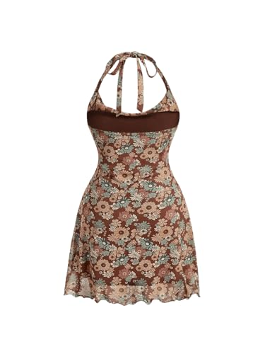 Image of Floerns Women's Plus Size Allover Floral Print Draped Halter Neck Tie Back Bodycon Dress Brown Multi 4XL