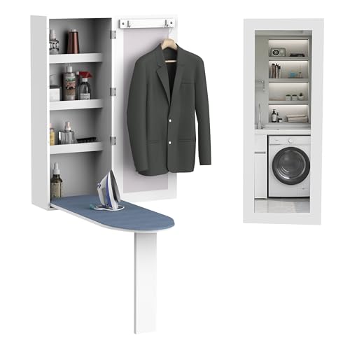 Organizedlife Folding Ironing Board Storage with 2 Hanging Holders, Wall Mounted Ironing Board with Mirror, Ironing Center Station with Storage Shelves, Small Space, White