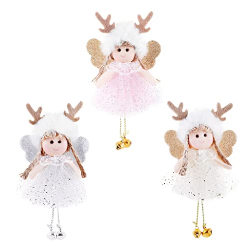 Achort 3 Pièces Noël Poupée d'ange élan Pendentif décoration Suspendue de Noël Suspendus Ornements de Noël Artisanat Elfes décorations avec Petite Cloche (Ange-élan) Cover