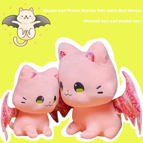 Image of Cuddly Pink Bat Kitten Plush Pillow Gothic Stuffed Cat with Wings,Soft Kitty Bat Plushie Cushion Gifts /11.8''