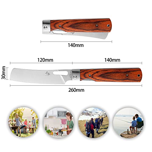 SENBON 440A Stainless Steel Super Sharp Japanese Pocket Folding Chef Knife Peeling Utility Knife Color Wooden Handle Camping Travel Outdoor Portable Kitchen Knife - Image 3
