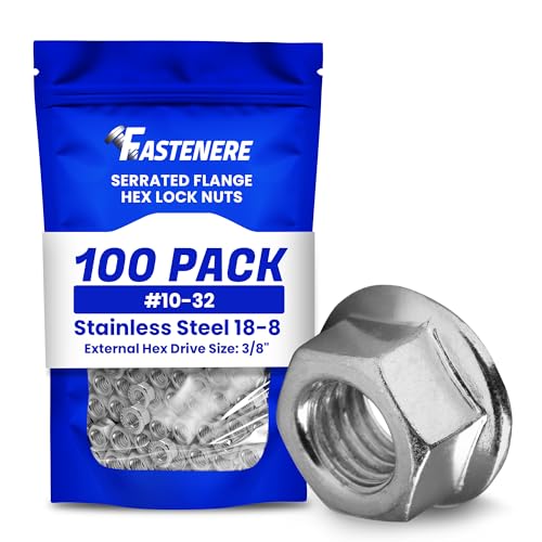 Fastenere Serrated Flange Nuts - #10-32 (100-Pack) Fine, Plain Finish, Stainless Steel 18-8 Hex Lock Hardware Nuts for Industrial & Home Use