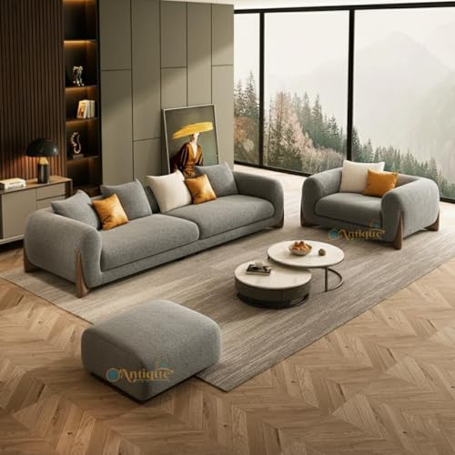 Image of Modern Sofa, Teddy Fabric, Chesterfield Style, Wooden Legs, for Living Room, Bedroom, Hallways (3+1+Ottoman, Light Grey)
