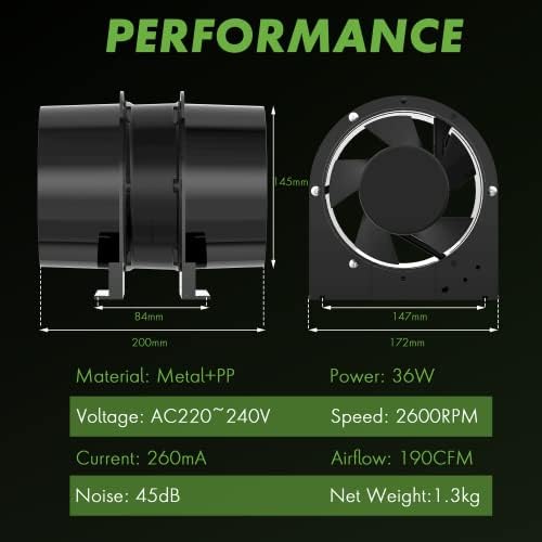 YJHome 6 inch 150mm Quiet Axial Flow Inline Ventilation Extractor Fan - Black 2600RPM, Airflow 190CFM
