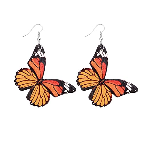 Boho Leather Butterfly Dangle Hook Earrings for Women Girls Colorful Animal Insect Monarch Butterflies Statement Drop Dangling Lightweight Earring Nickel Free Summer Beach Vacation Party Y2K Jewelry (Orange)