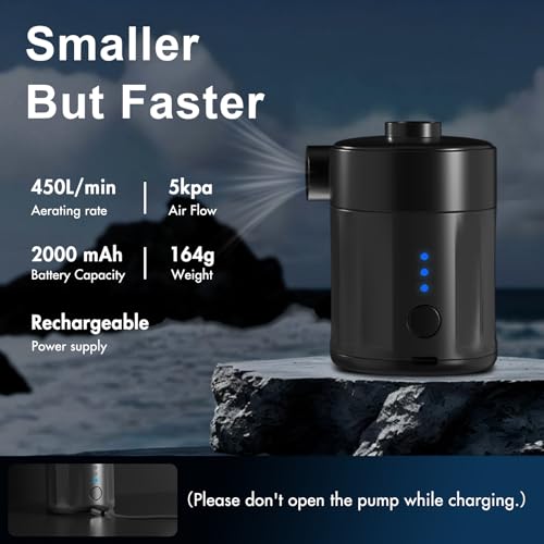 Mojimdo Tragbare Elektrische Luftpumpe, 5000 Pa Pumpe Akku, 450L/Min, Kompakte Air Pump mit 4 Düsen, für Camping, Luftmatratze, Schwimmring, Luftkissen, Schlauchboot, Vakuumbeutel