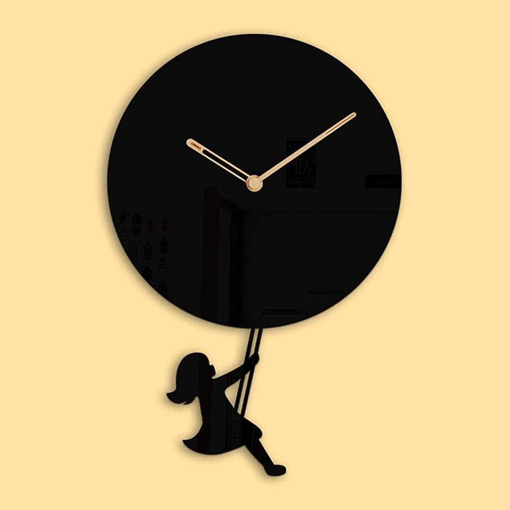 Cartoon, Silent, Black Acrylic, Cute Girl Swinging on Swing, Quartz nt Creative Swing Clock Sleek Minimalist for Living/Dining/Bedroom