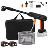Hidrolimpiadora de Alta Presión a Batería 4000mAh x2, Boquilla 6 en 1, 7 m Longitud de la Manguera, Portátil Pistola de Agua a Presión para Coche, Hogar y Jardín