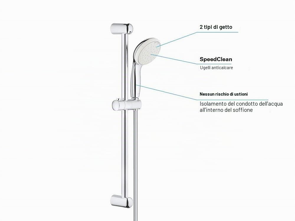GROHE Tempesta Set Saliscendi Doccia (2 getti, asta 600 mm, flessibile 1,75 m, SpeedClean anticalcare), Cromo, 27598001