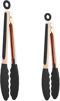 Kitchen Tongs Set, Stainless Steel Silicone Tips, 9 and 12 Inch | Locking rose-gold tongs with silicone tips for nonstick cookware, grilling and serving