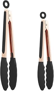 KAISHANE Kitchen Food Tongs-Rose Gold Tongs Copper Stainless Steel Silicone Tipped Kitchen Food BBQ and Cooking Tongs Set 9” and 12” for Non Stick Cookware, BPA Fee, Locking, Grill Tongs (Black).