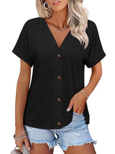 Womens Summer Tops Short Sleeve Button Down Shirts Casual V Neck T Shirts Trendy Tunic Tops